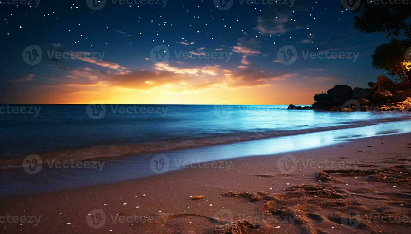 un sereno playa a noche debajo un estrellado cielo ai generado foto