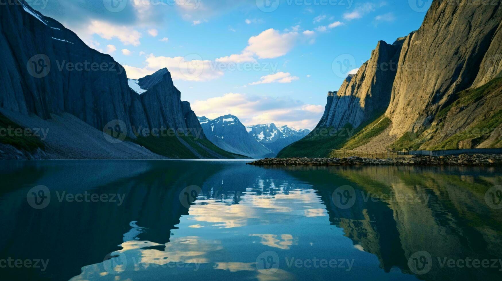 A serene lake surrounded by majestic mountains AI Generated photo