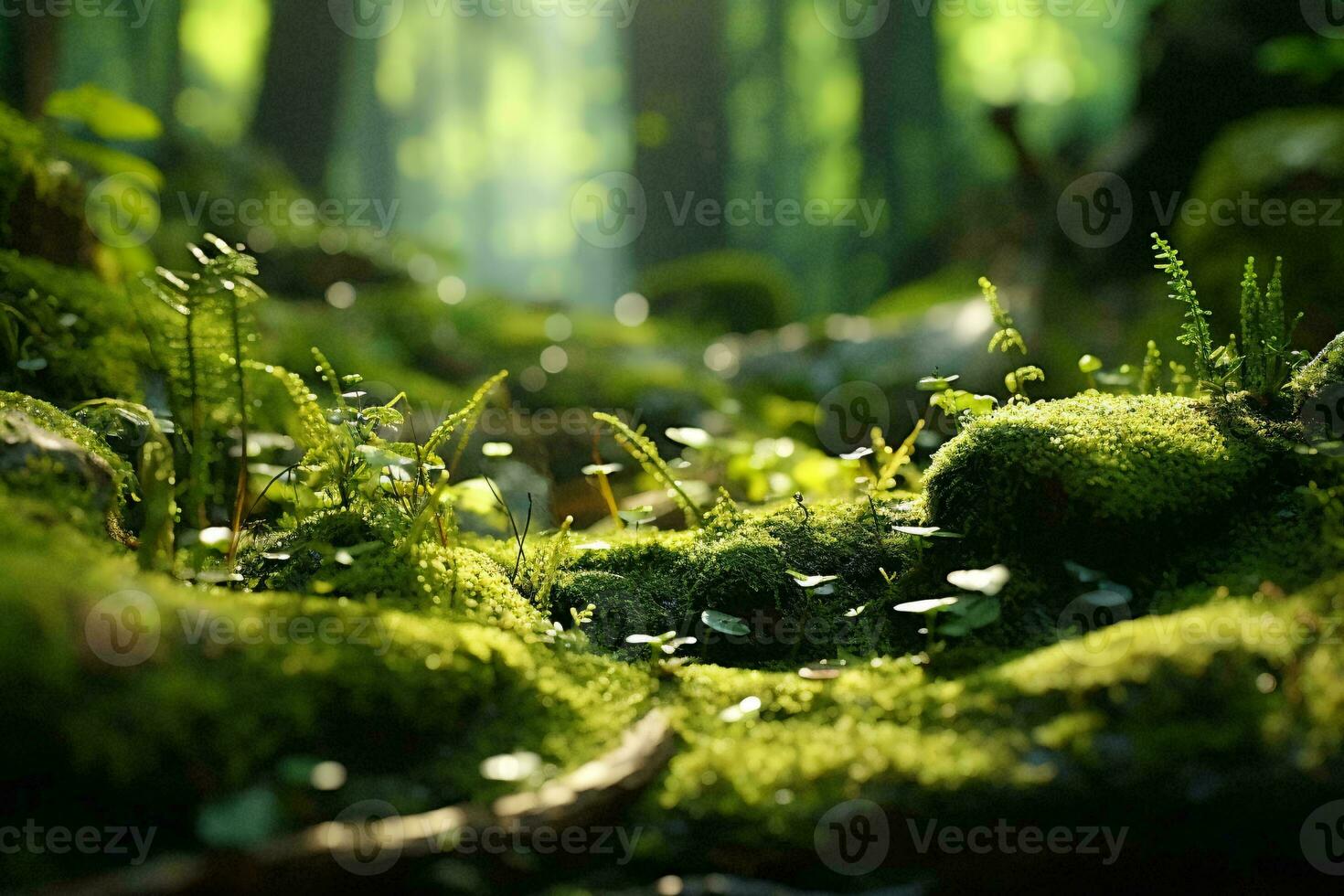 Premium AI Image  Closeup of moss blanket with sunlight shining through  the canopy