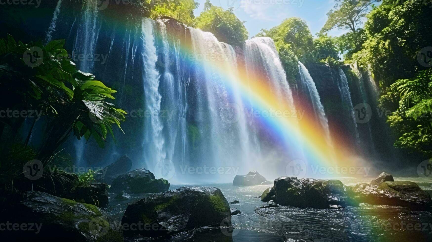 A majestic waterfall with a vibrant rainbow cascading through it AI Generated photo