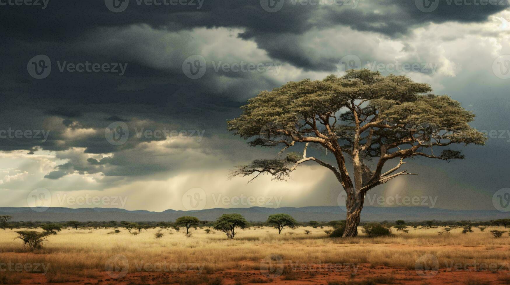 A solitary tree standing tall in a vast field under a dramatic cloudy sky AI Generated photo