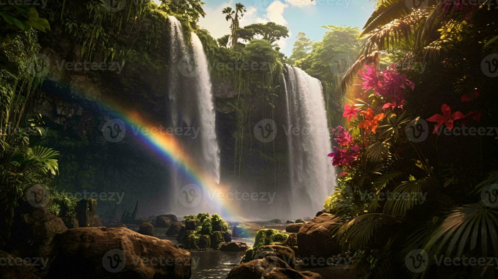 A beautiful waterfall with a vibrant rainbow shining through it AI Generated photo