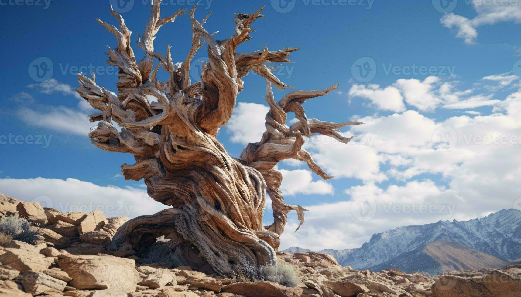 A tree growing out of rocks in a stunning display of resilience and nature's ability to thrive in unexpected places AI Generated photo