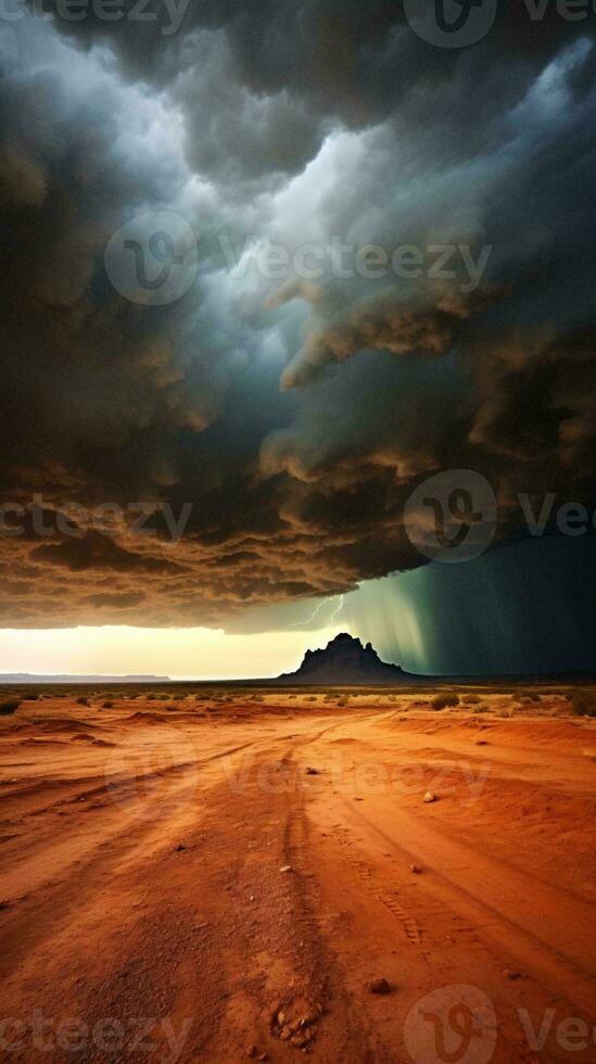 A desert road under a dramatic cloudy sky AI Generated photo