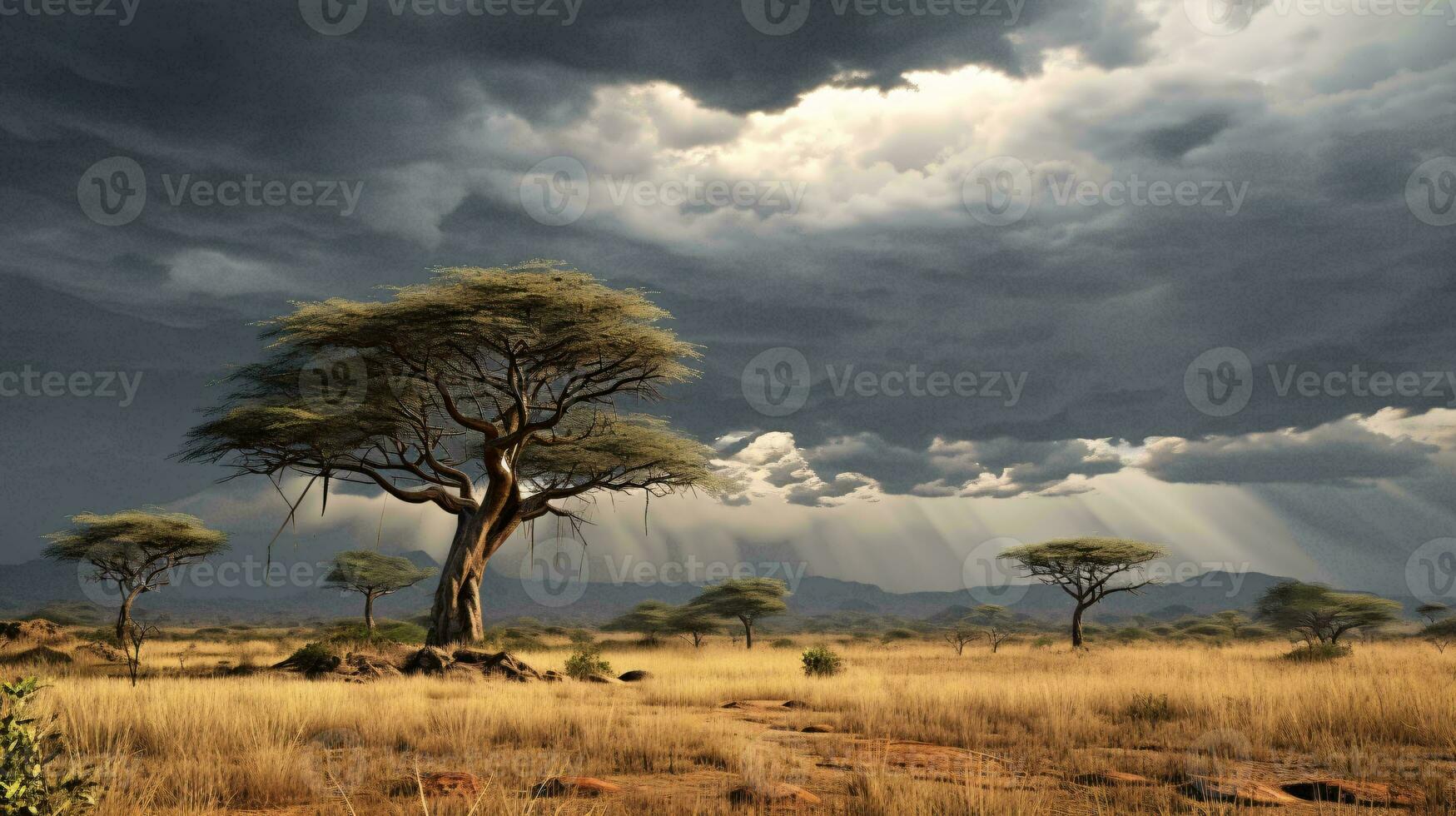 un solitario árbol en un expansivo campo debajo un ominoso nublado cielo ai generado foto