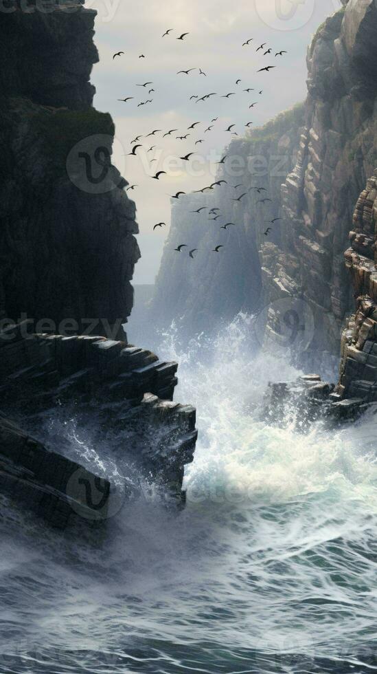 A majestic flock of birds soaring over a rugged cliff AI Generated photo