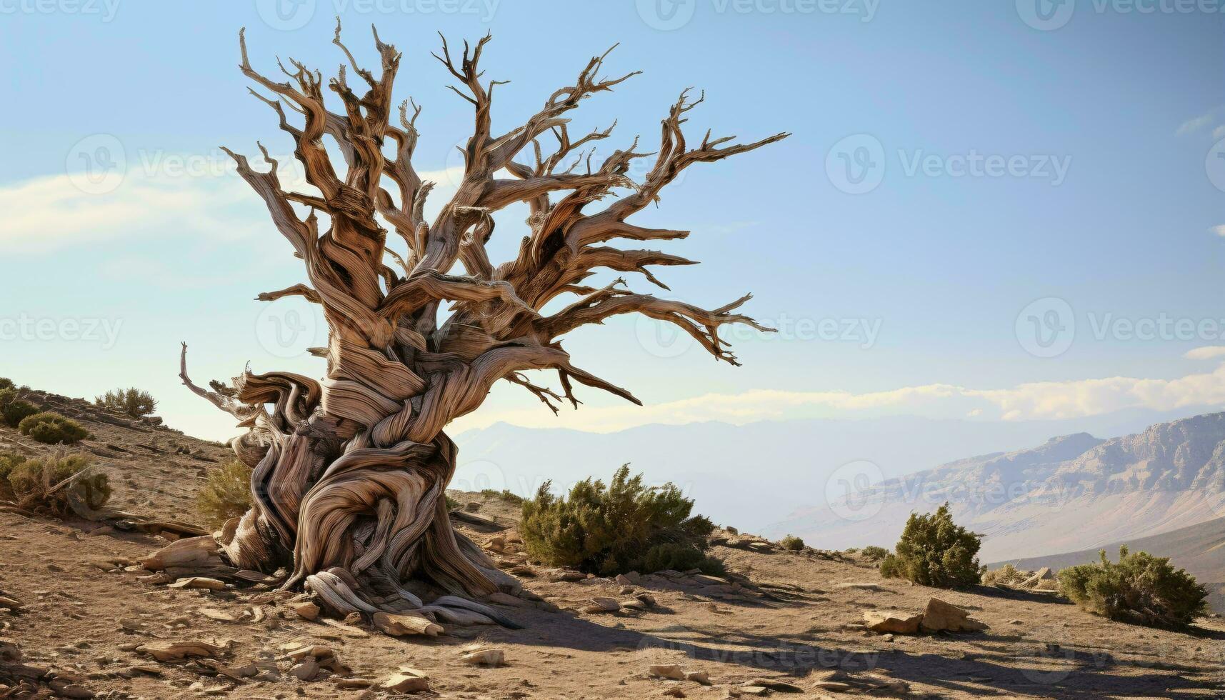 A barren desert landscape with a solitary dead tree standing as a stark symbol of survival and resilience AI Generated photo