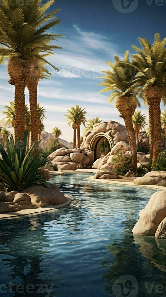 A serene pool scene with palm trees AI Generated photo