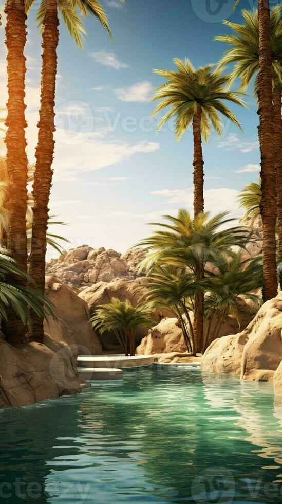 A serene pool oasis with palm trees and natural rock formations AI Generated photo