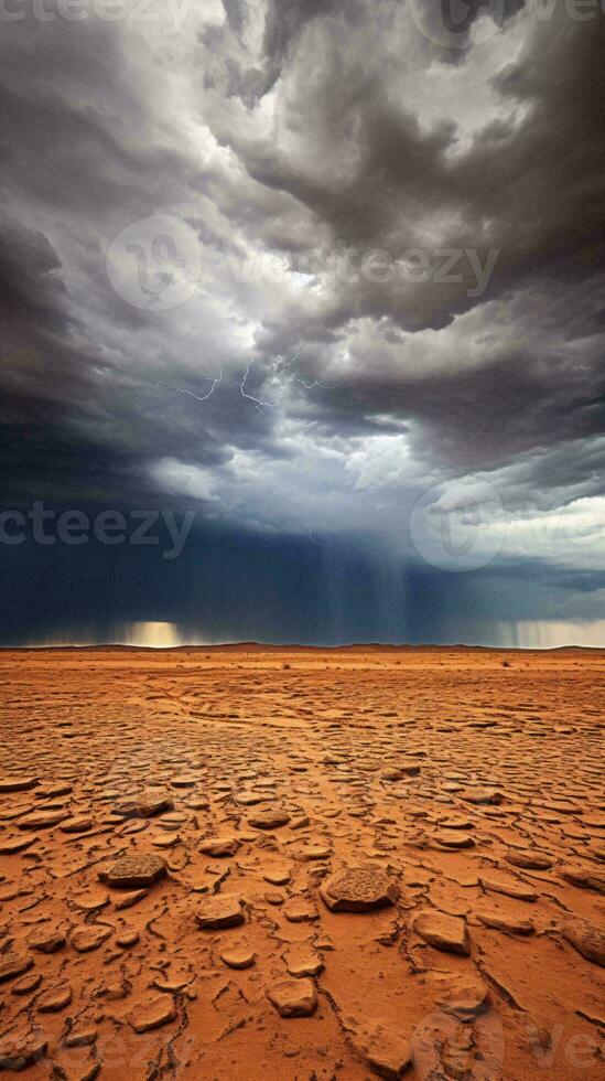 A dramatic desert landscape with an approaching storm AI Generated photo