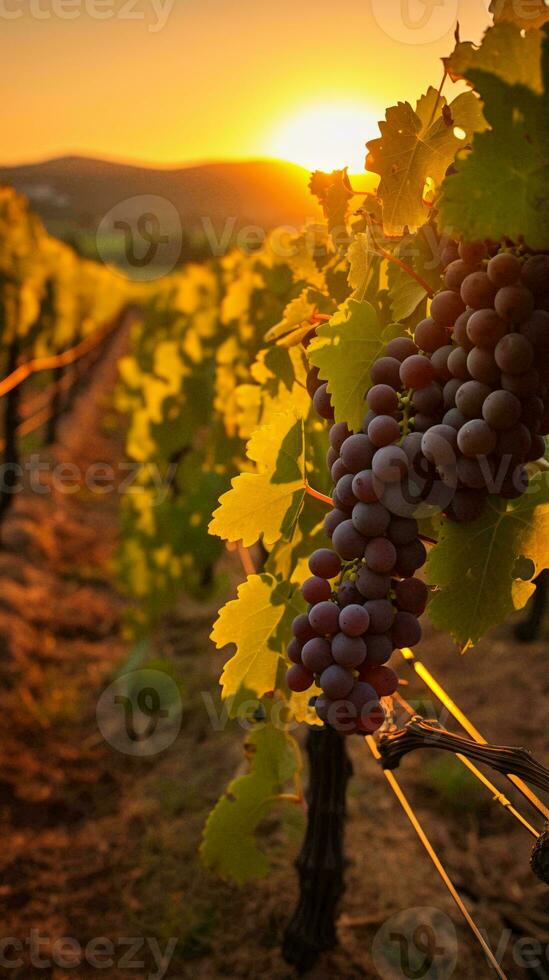 A cluster of ripe grapes hanging from a vine AI Generated photo