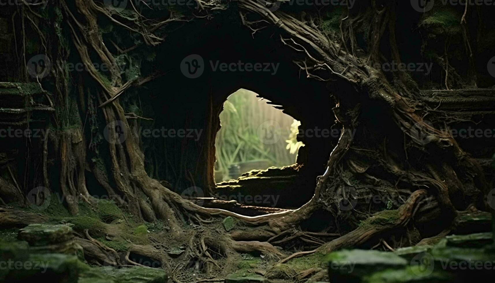 A moss-covered tunnel in a serene woodland setting AI Generated photo