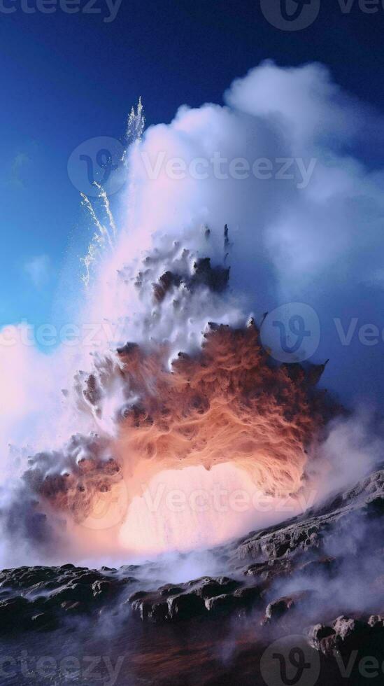 A massive volcanic eruption with lava shooting high into the sky AI Generated photo