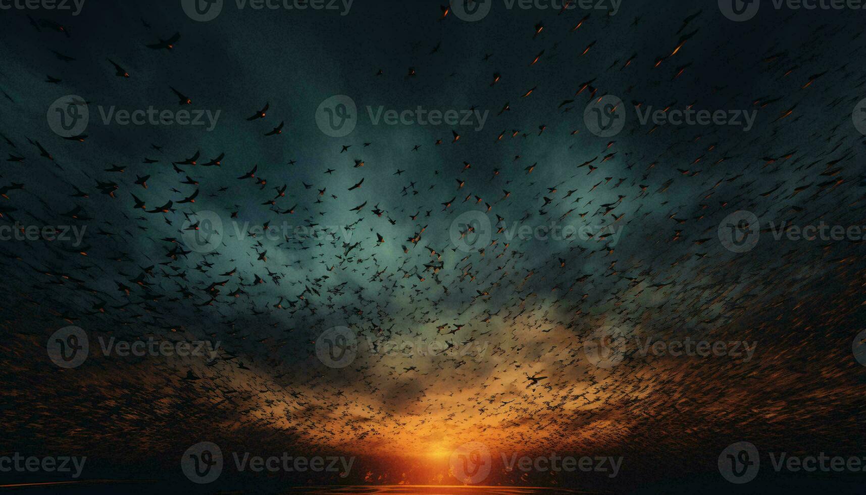 A mesmerizing flock of birds gracefully soaring above a serene body of water AI Generated photo