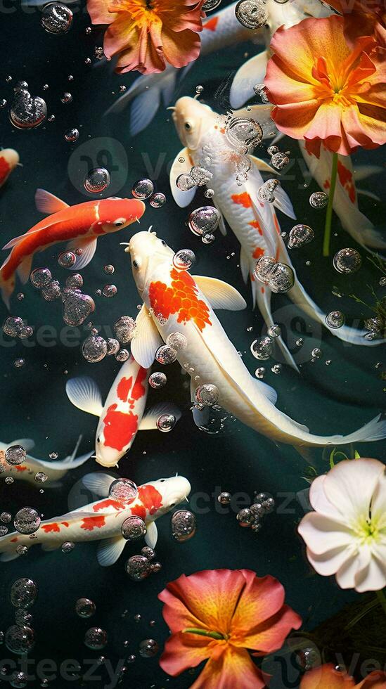 Koi fish swimming gracefully in a serene pond AI Generated photo