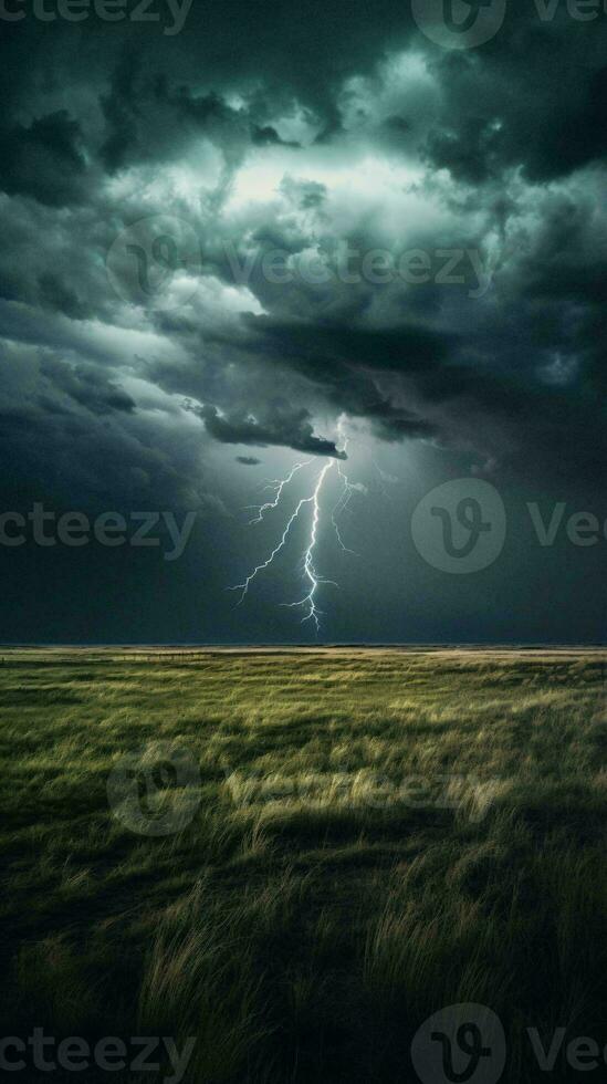 A dramatic lightning bolt illuminating a vast field AI Generated photo
