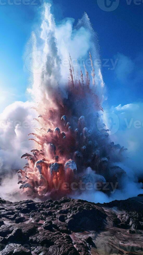 un masivo volcánico erupción enviando fumar y lava alto dentro el cielo ai generado foto