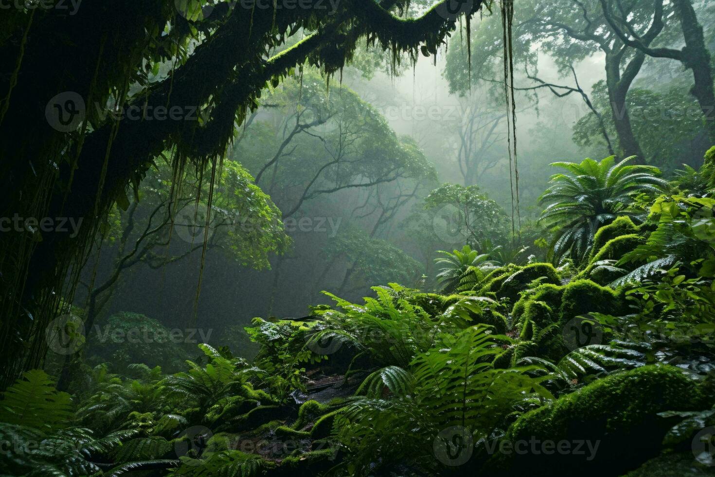 un denso y vibrante bosque con un multitud de imponente arboles ai generado foto