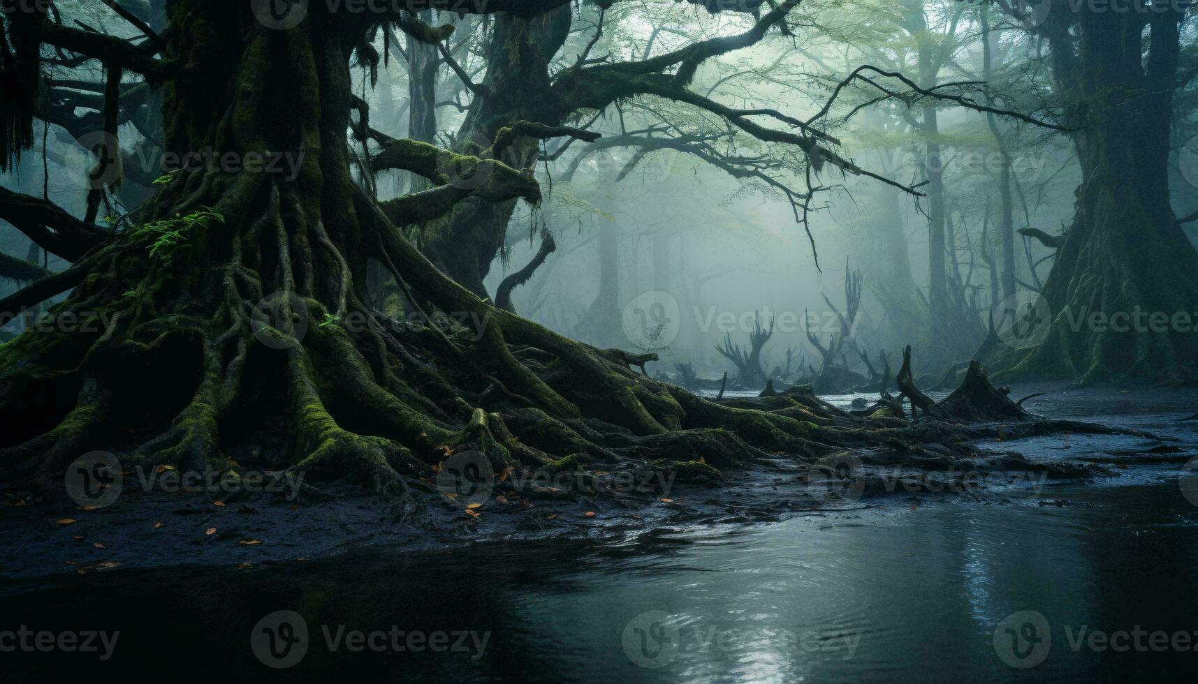 A serene swamp landscape with trees and water reflections AI Generated photo