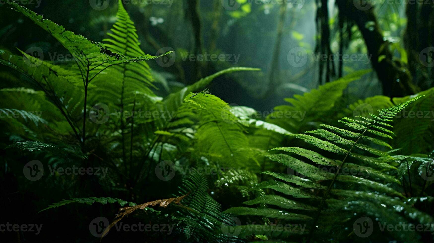 un vibrante y verde bosque con un abundancia de follaje ai generado foto