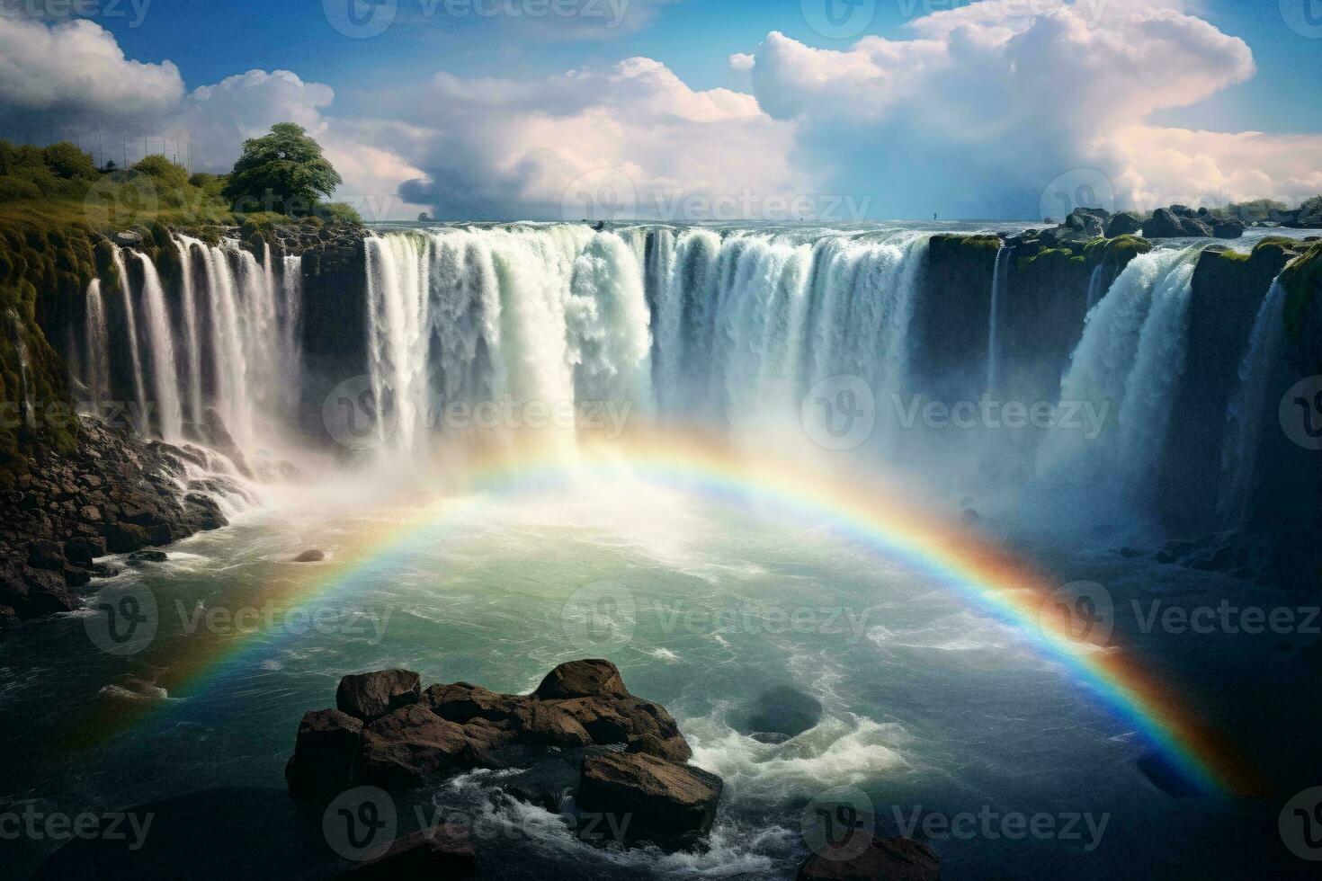 A majestic waterfall with a vibrant rainbow glistening in the sunlight AI Generated photo