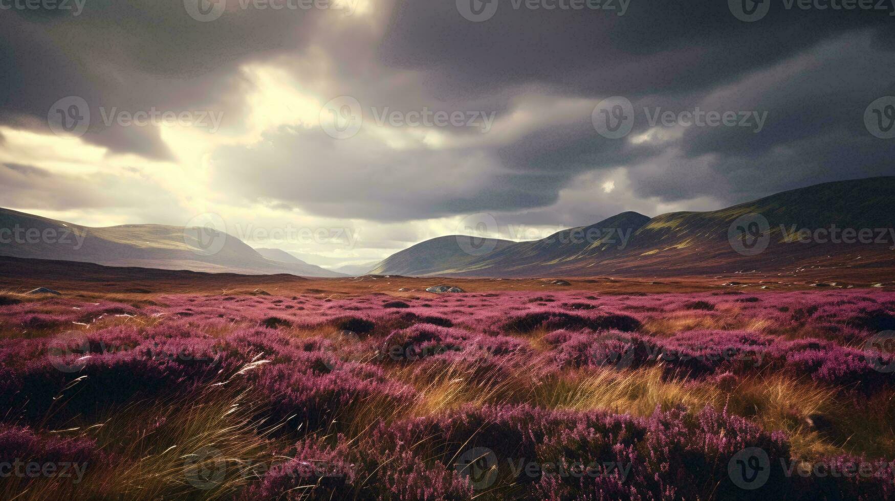 A field of vibrant purple flowers under a dramatic cloudy sky AI Generated photo