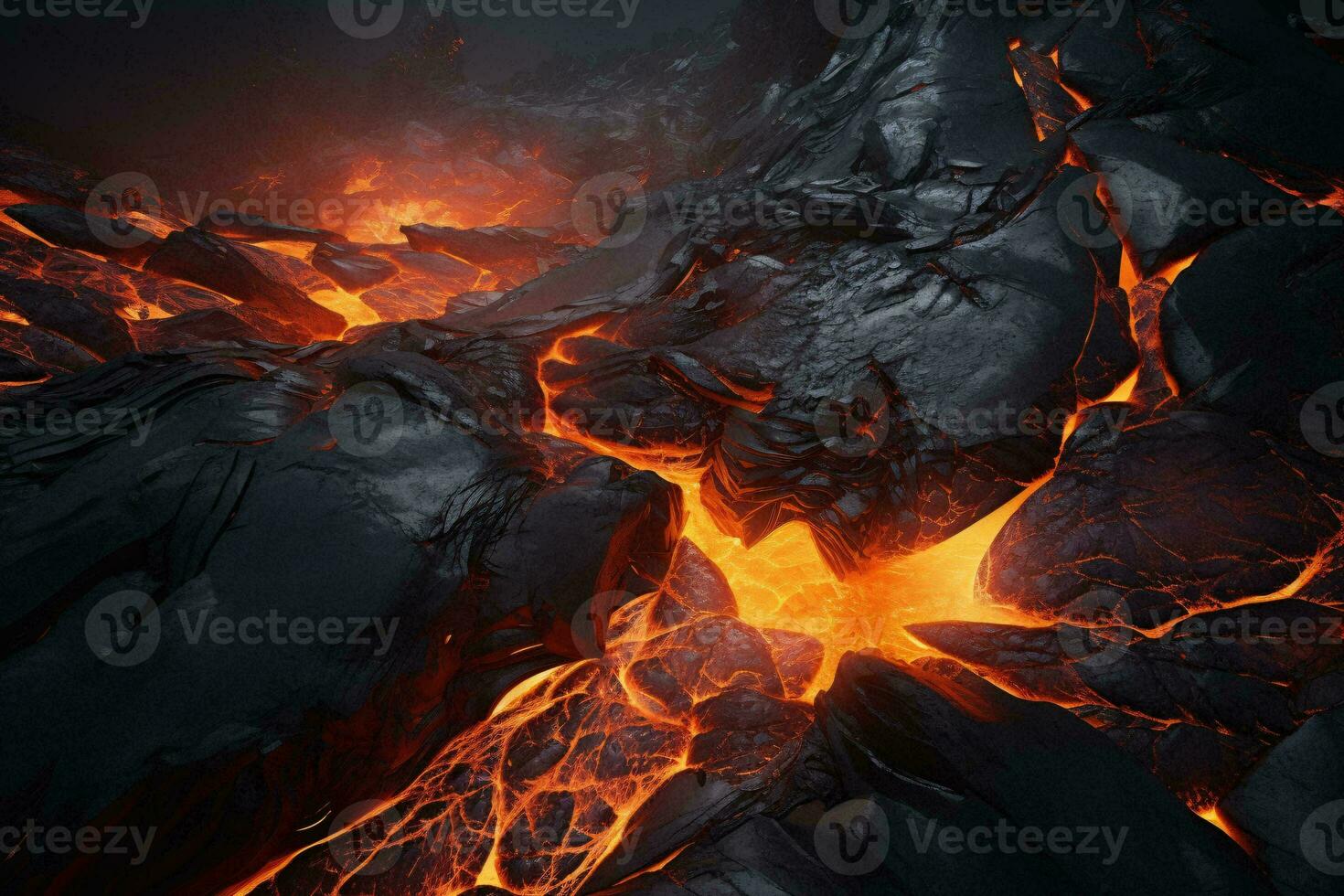A close-up of a vibrant lava flow with intense orange flames AI Generated photo