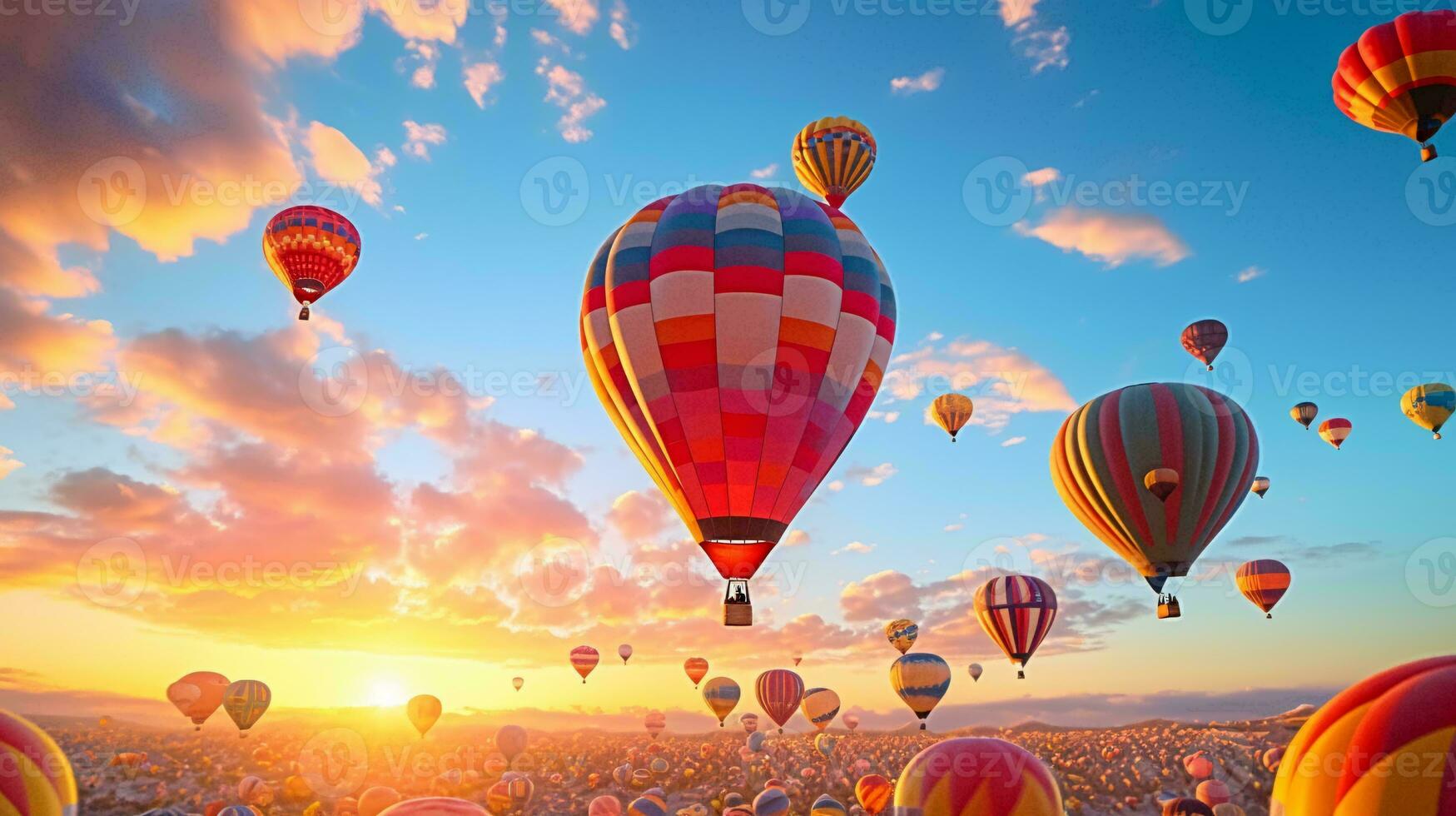 Hot air balloons soaring through the sky in a colorful display AI Generated photo
