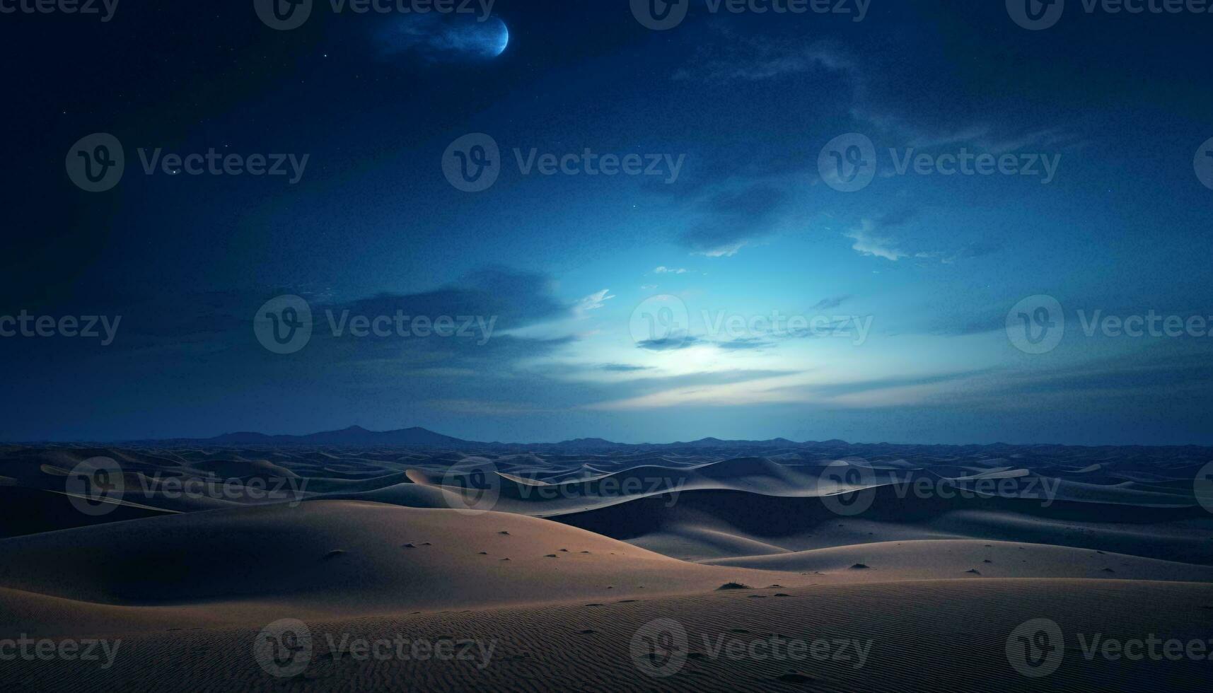 un asombroso noche cielo terminado un sereno Desierto paisaje ai generado foto