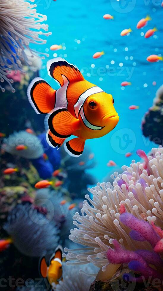 A colorful clown fish swimming gracefully in an aquarium AI Generated photo