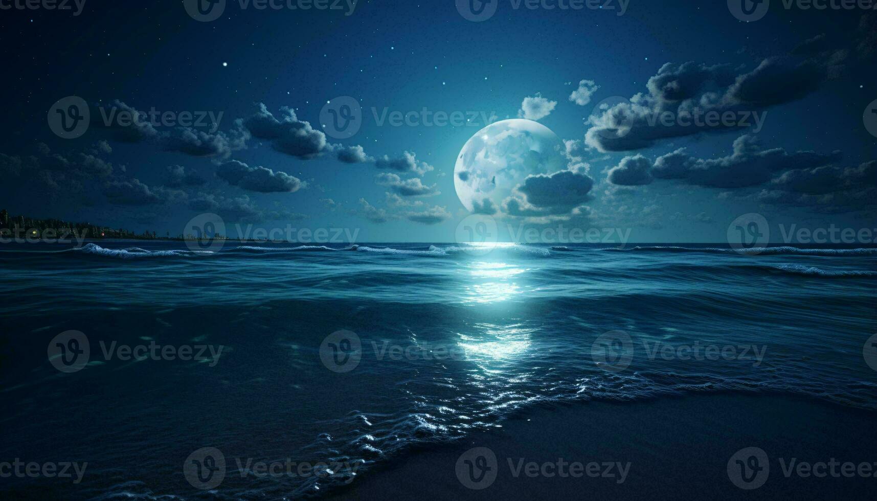 A full moon rising over the ocean on a cloudy night AI Generated photo