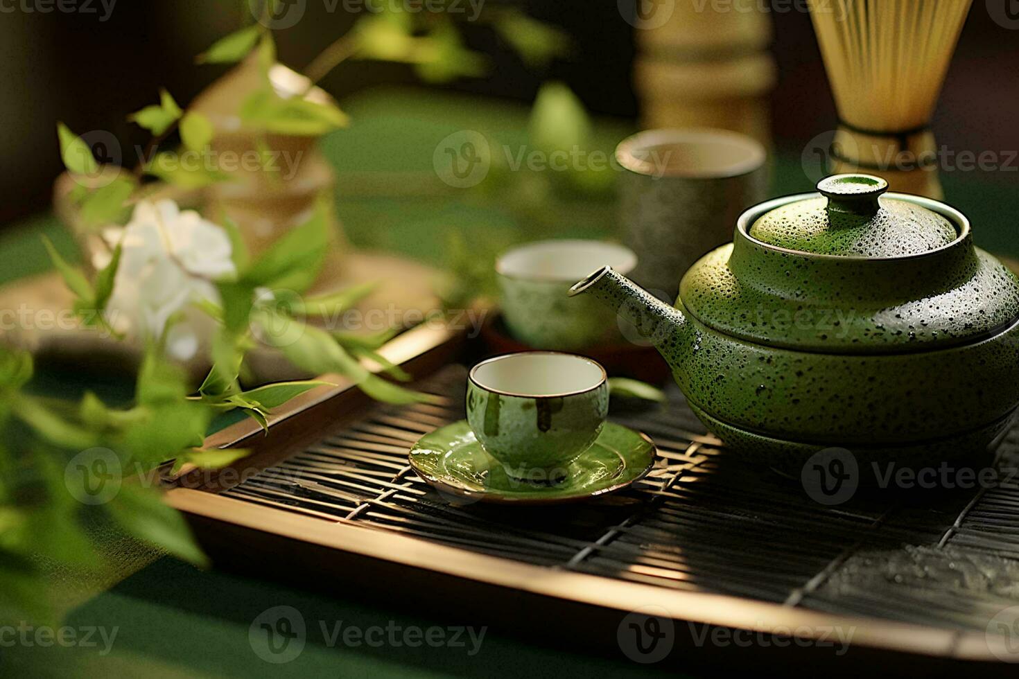 A traditional green tea set on a bamboo tray AI Generated photo