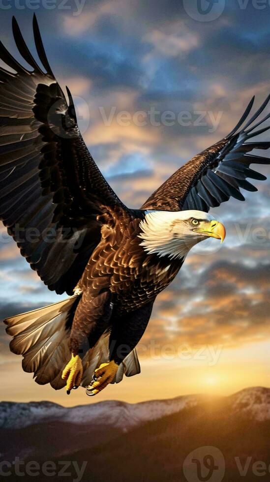 A majestic bald eagle soaring through the sky with wings outstretched AI Generated photo