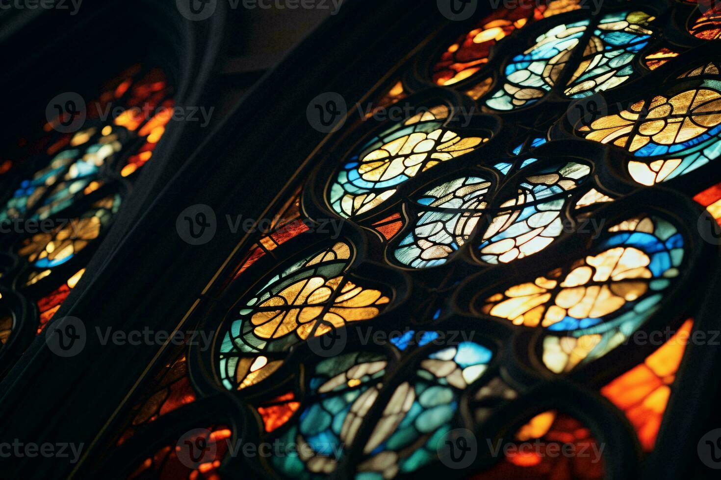 A vibrant stained glass window in close-up AI Generated photo