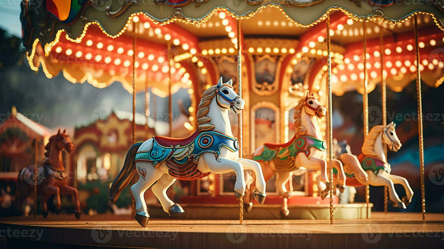 A colorful carousel with beautifully decorated horses spinning in