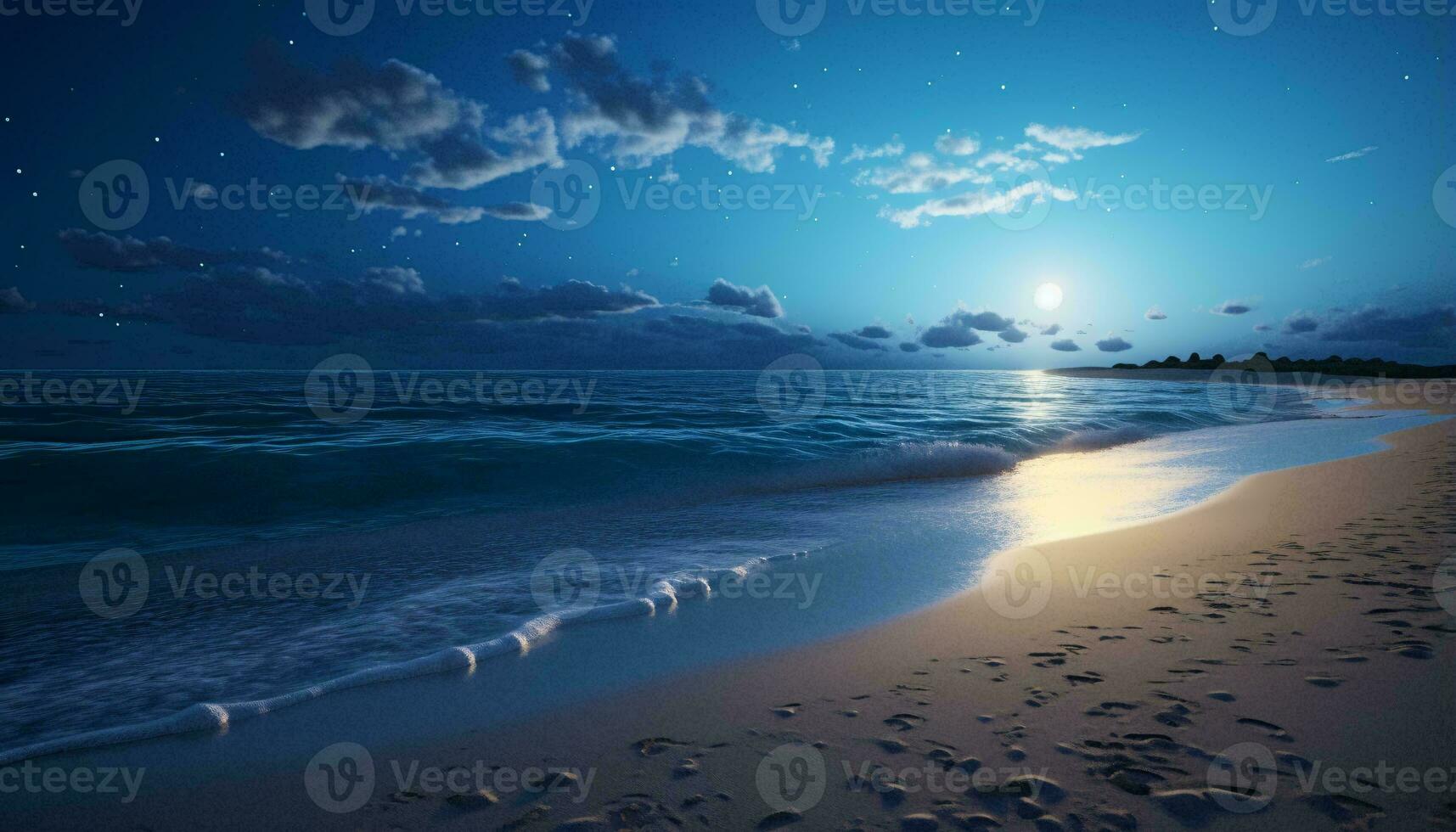 A serene beach illuminated by the full moon at night AI Generated photo