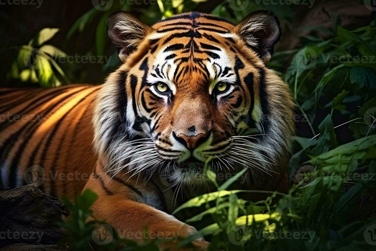 A majestic tiger roaming through a vibrant green forest AI Generated photo