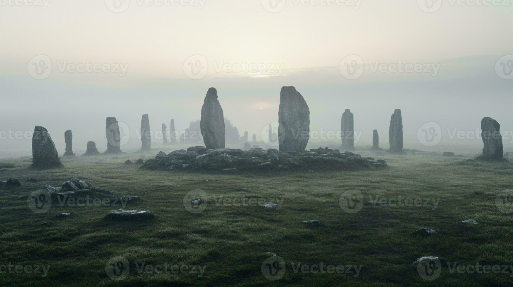 Stonehenge standing in a foggy field, creating a mysterious and atmospheric scene AI Generated photo