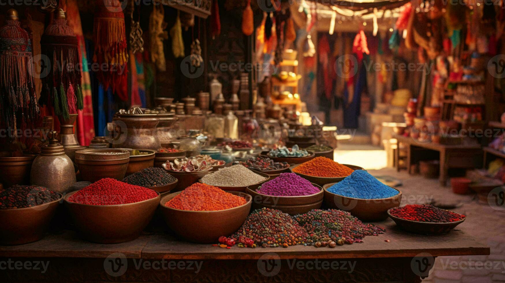 A vibrant display of colorful spices on a table AI Generated photo