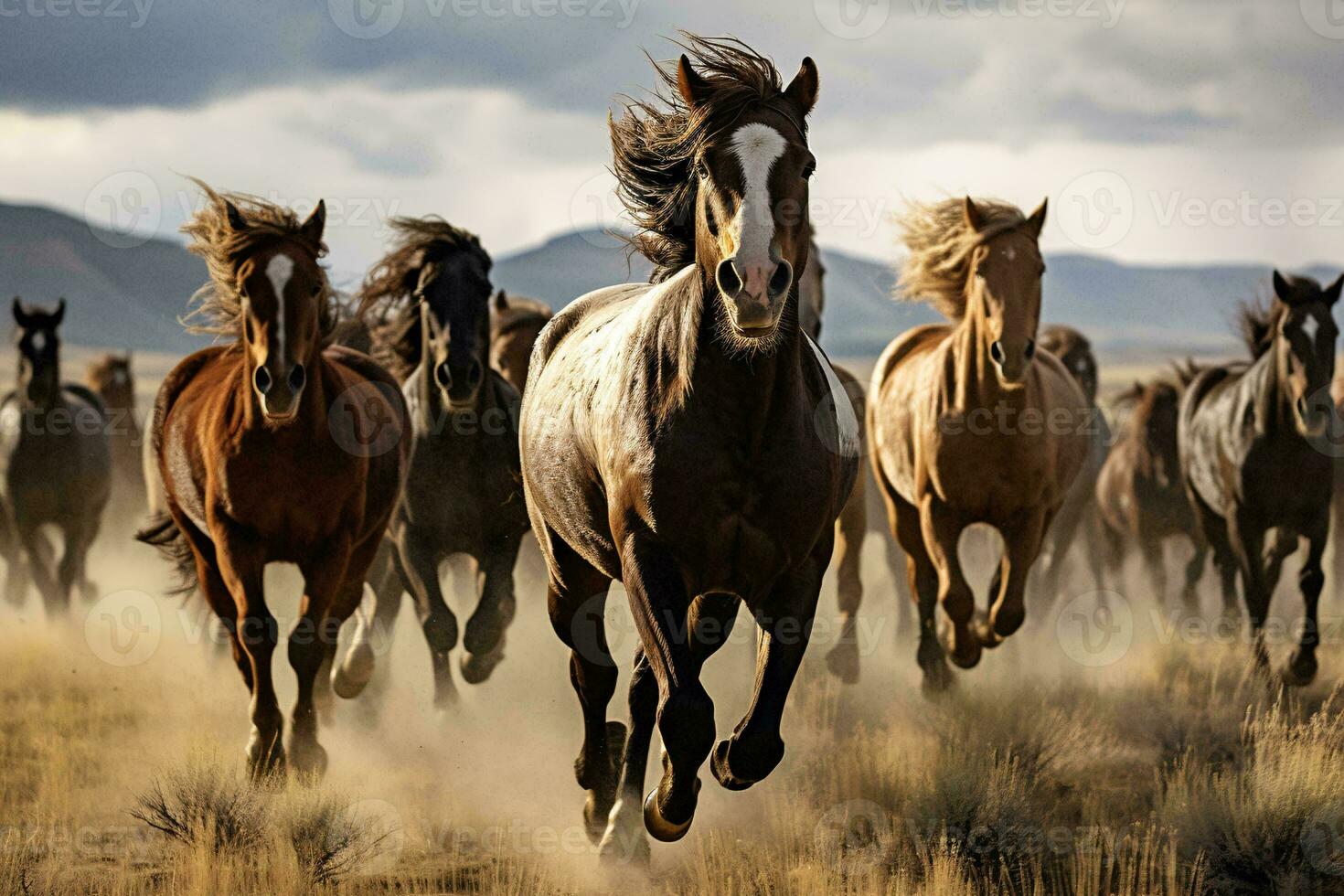 A herd of horses running across a dry grass field AI Generated photo