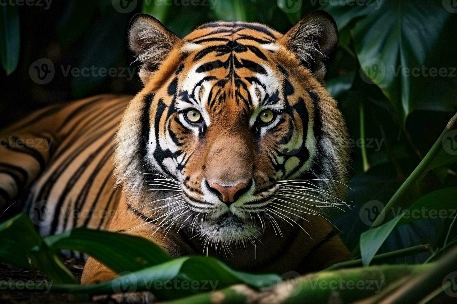 A majestic tiger resting in the lush green grass AI Generated photo
