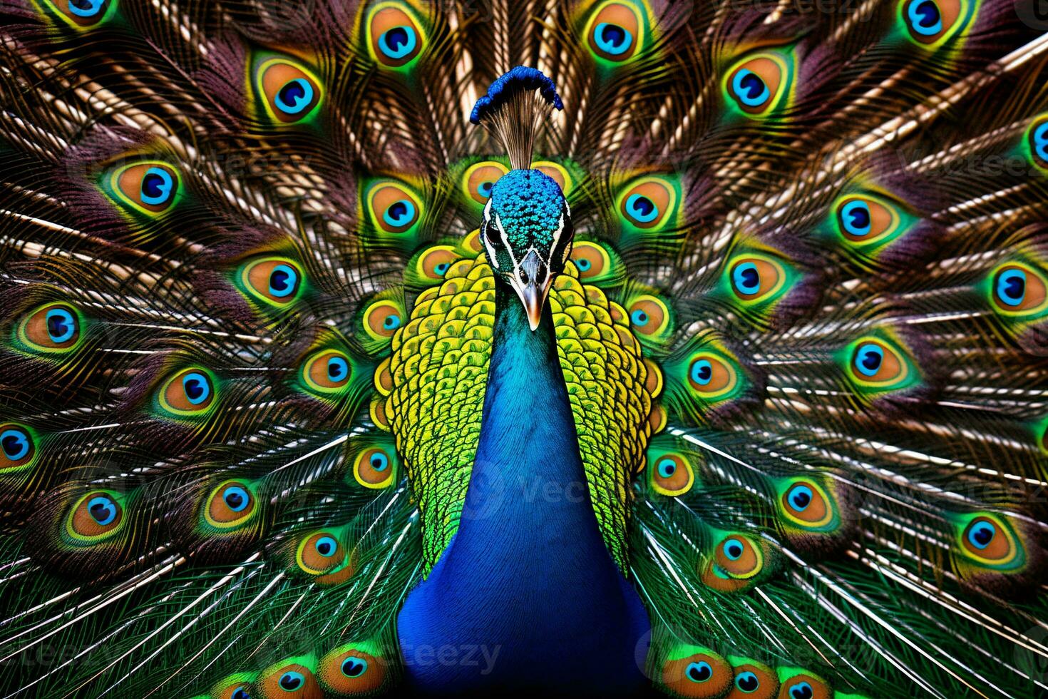 A majestic peacock displaying its vibrant feathers AI Generated photo