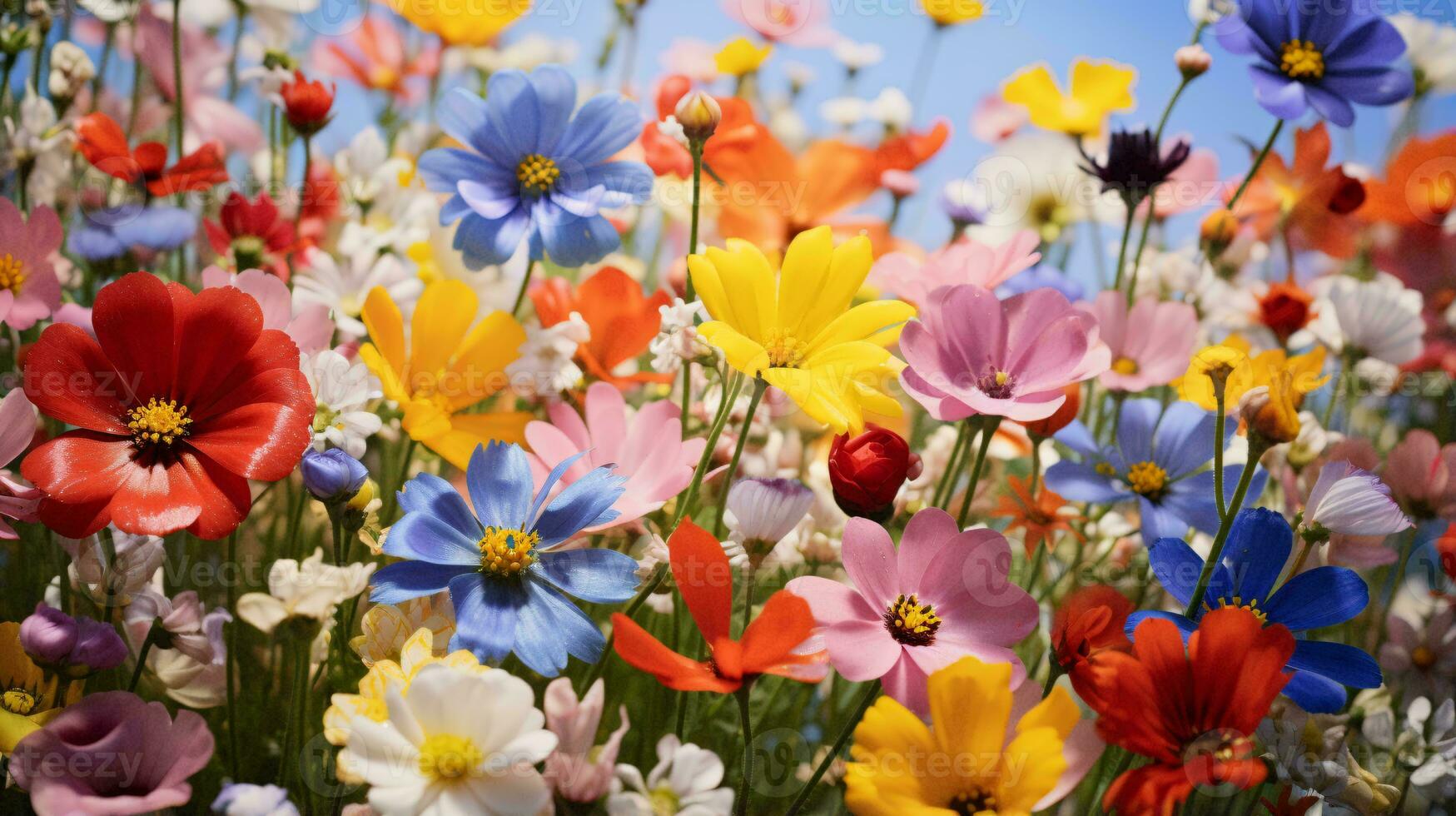 A vibrant field of flowers under a clear blue sky AI Generated photo