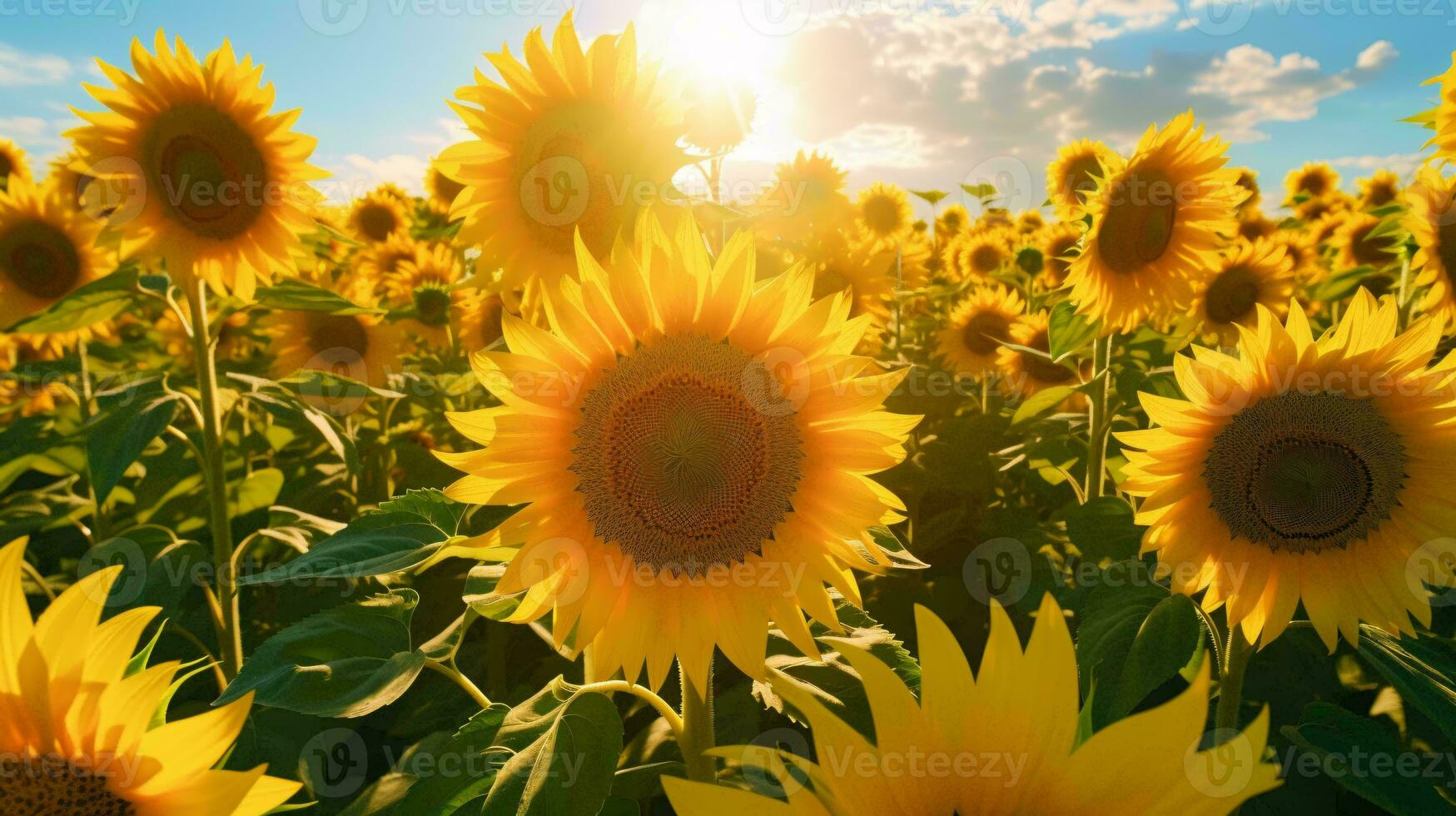 A vibrant field of sunflowers with the sun shining in the background AI Generated photo