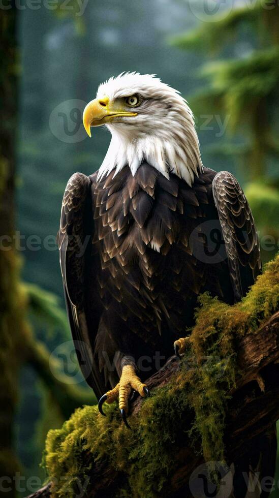 A majestic bald eagle perched on a tree branch AI Generated photo