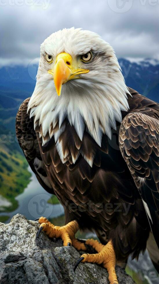 A majestic bald eagle perched on a rugged rock AI Generated photo
