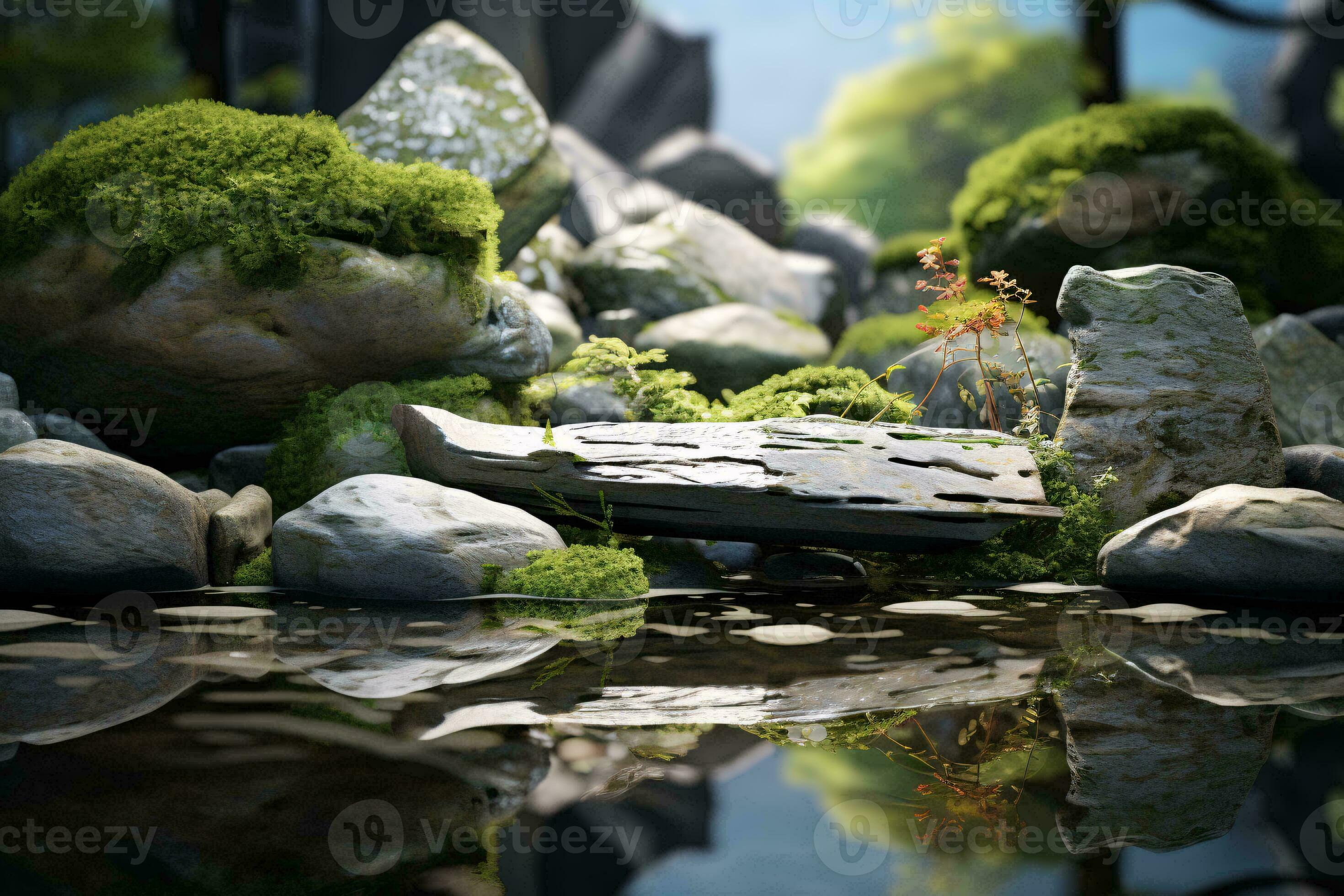 A serene pond with natural rocks and vibrant aquatic plants AI
