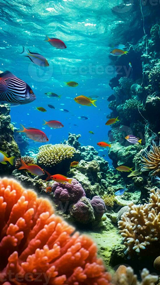 un vistoso coral arrecife rebosante con un diverso colegio de pescado ai generado foto