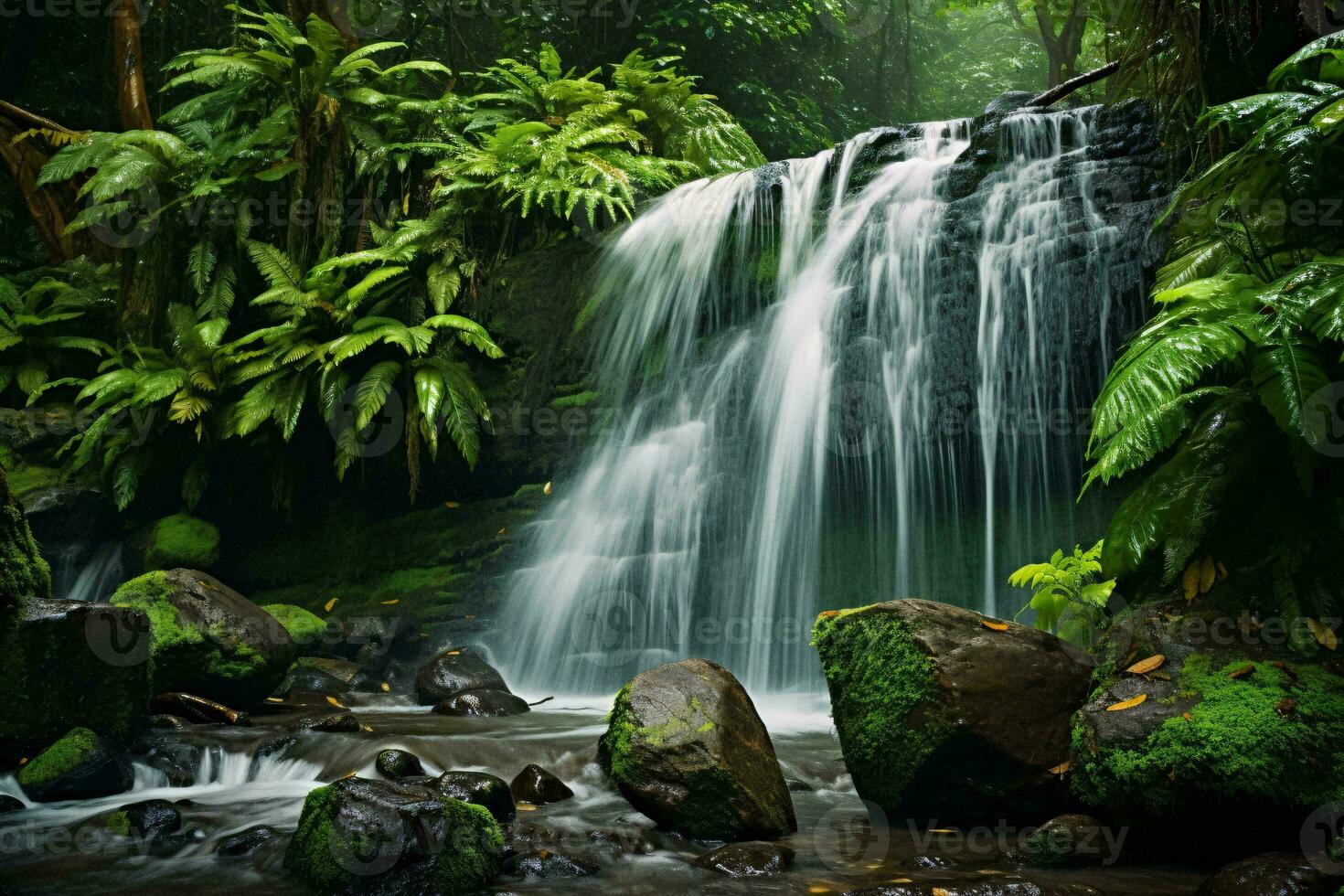 A stunning waterfall cascading through a vibrant green forest AI Generated photo