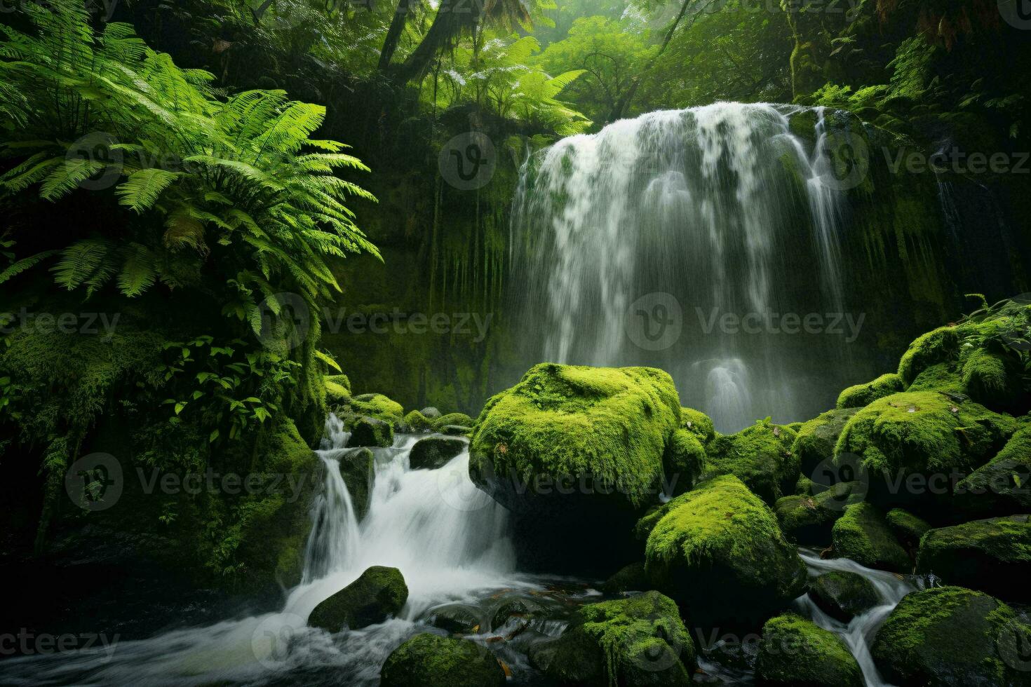 A serene waterfall nestled in a vibrant green forest AI Generated photo